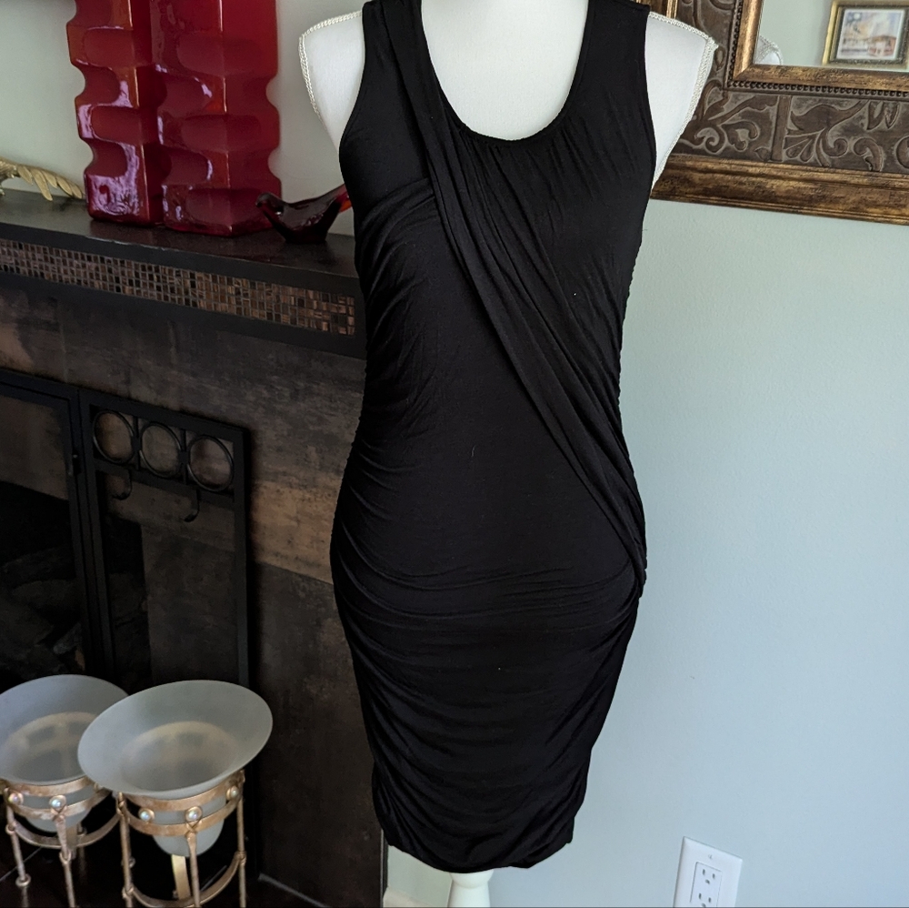 Club Monaco Small Black Sleeveless Draped Ruched Stretch Bodycon Mini Dress 165